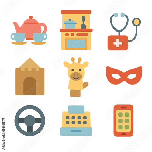 Pretend Play Icon Set. Flat icon set of pretend play scenes: tea set, play kitchen, doctor kit, cardboard fort, puppet on hand,