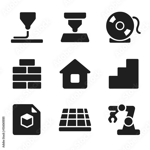 3D Printing Icons. Solid, filled icon set of 3D printed architectural models: printer nozzle, model foundation, filament spool,