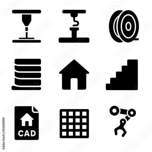 3D Printing Icons. Solid, filled icon set of 3D printed architectural models: printer nozzle, model foundation, filament spool,