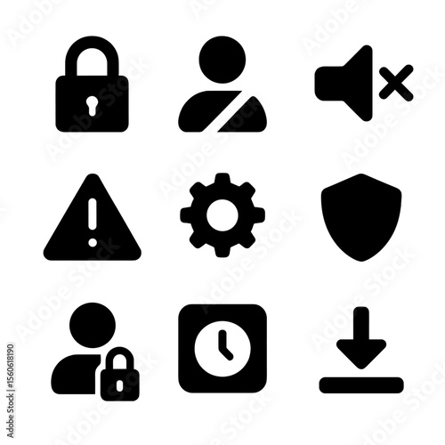 Privacy Icons Grid. Solid, filled icon set of privacy and control settings: lock symbol, user block, mute button, report icon,