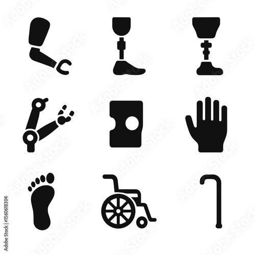 Prosthetics Icon Set. Solid, filled icon set of prosthetics and assistive devices: prosthetic arm, prosthetic foot, adjustable