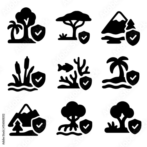 Protected Habitat Icons. Solid, filled icon set of protected animal habitats: rainforest, savanna, arctic tundra, wetland, coral