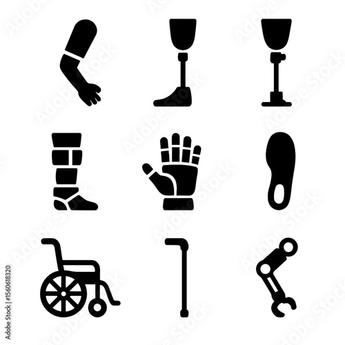 Prosthetics Icon Set. Solid, filled icon set of prosthetics and assistive devices: prosthetic arm, prosthetic foot, adjustable