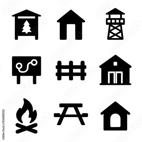 Protected Area Icons. Solid, filled icon set of protected areas: national park sign, ranger station, observation tower, trail map,