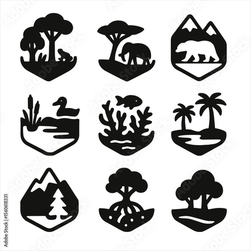 Protected Habitat Icons. Solid, filled icon set of protected animal habitats: rainforest, savanna, arctic tundra, wetland, coral