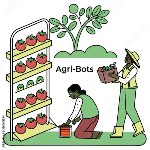 Illustration of vertical farming with tomatoes, plants and two farmers tending to the crops