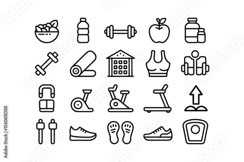 Fitness equipment and healthy food icons exercise workout