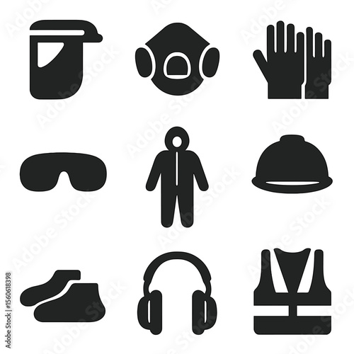 Protective Gear Icons. Solid, filled icon set of protective equipment: face shield, respirator mask, gloves, safety goggles,