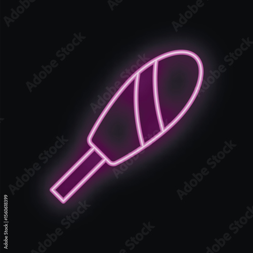Glowing neon sign representing a corn dog with a bright purple outline on a black background