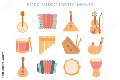 Folk music instruments vector illustration for music design in flat style