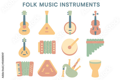 Folk music instruments vector illustration - flat style for design and poster