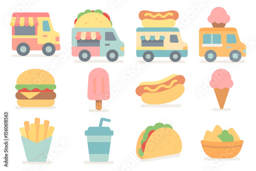 Food truck vector illustration: flat style icons for street food design