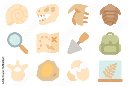 Paleontology exploration vector illustration: fossil icons for educational design in flat style
