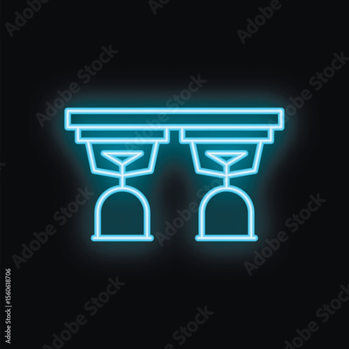 Blue neon icon of a fire sprinkler system glowing against a dark backdrop