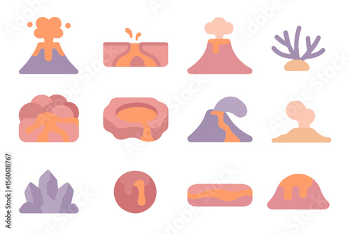 Volcanic elements vector illustration: flat style icons for science education and design