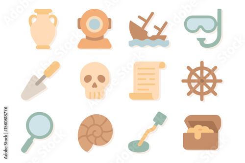 Underwater archaeology icons vector illustration for educational and themed designs in flat style