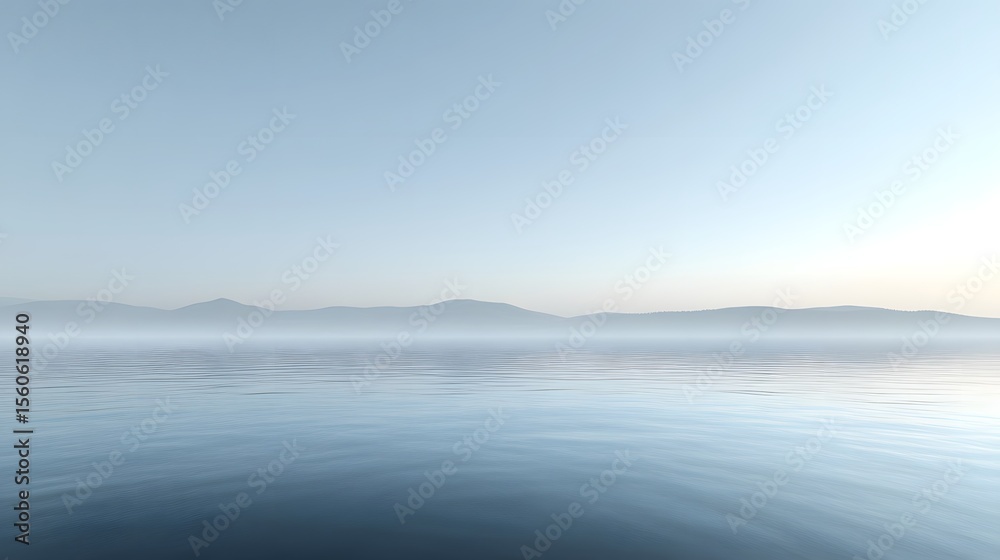 Fototapeta premium Misty, tranquil scene of a still lake reflecting a distant mountain range.