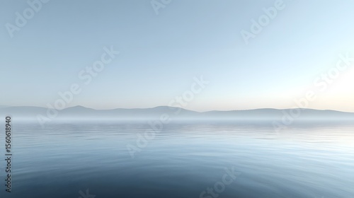 Misty, tranquil scene of a still lake reflecting a distant mountain range.