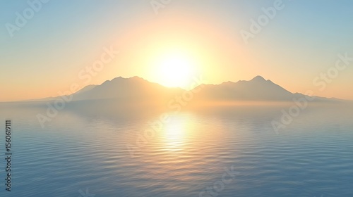 Tranquil sunrise over a calm ocean and mountains.