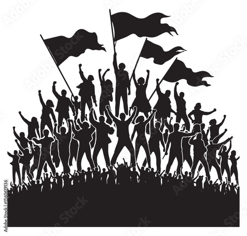 Crowd of people raising arms and holding flags vector