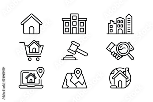 House building shopping cart auction gavel magnifying glass laptop map globe vector