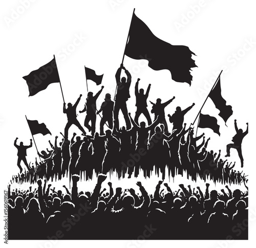 Crowd of people raising flags and fists vector