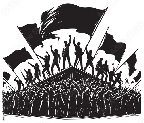 Crowd of people with raised fists and flags protest demonstration