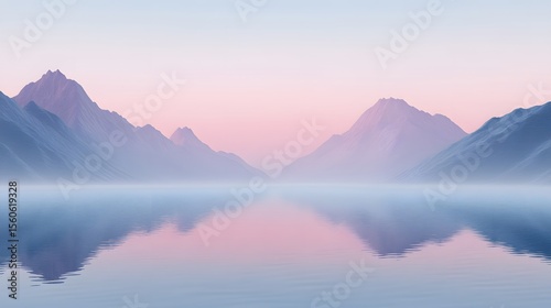 Tranquil landscape featuring a lake reflecting misty mountains bathed in soft, pastel colors of dawn or sunrise.  