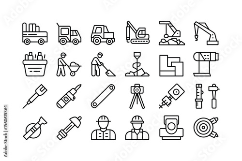Construction vehicles tools workers equipment and machinery icons truck excavator