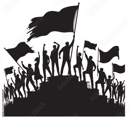 Crowd with flags raised in solidarity people raising