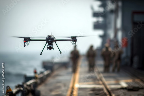 Military Drone Hovering Above Aircraft Carrier With Armed Forces in Background.