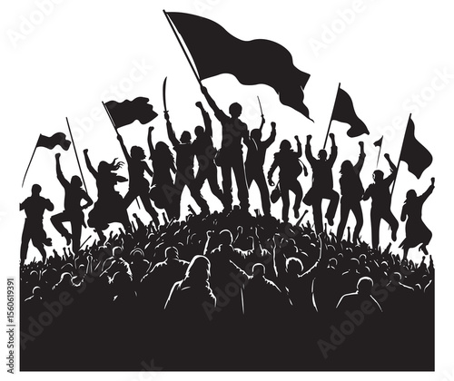 Crowd raising flags and fists in solidarity people