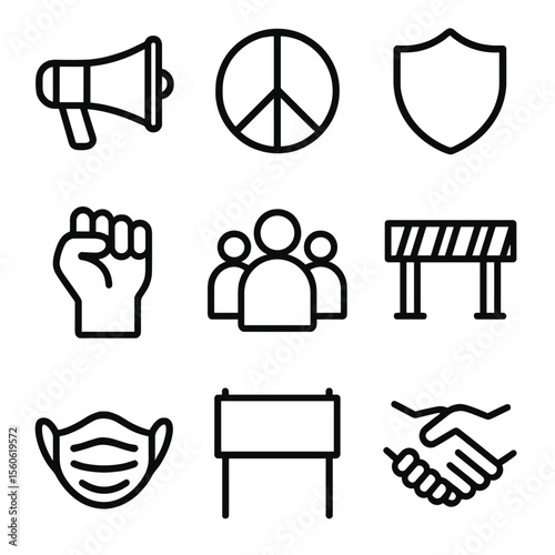 Protest Symbols Collection. Solid, filled icon set of Safe protest zones: megaphone, peace sign, shield, fist, group crowd, police