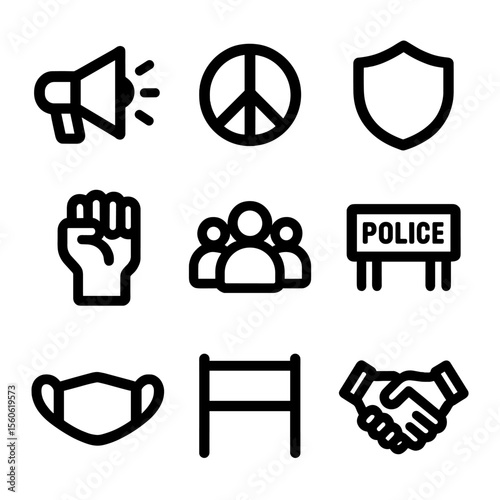 Protest Symbols Collection. Solid, filled icon set of Safe protest zones: megaphone, peace sign, shield, fist, group crowd, police