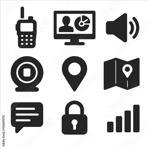 Pursuit Communication Icons. Flat icon set of pursuit communication: handheld radio, command center screen, speaker icon,