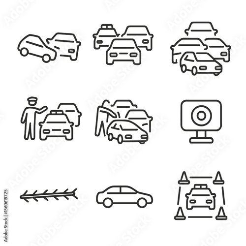 Pursuit Tactics Icons. Outline icon set of pursuit tactics: PIT maneuver, rolling roadblock, tactical box-in, pursuit intervention