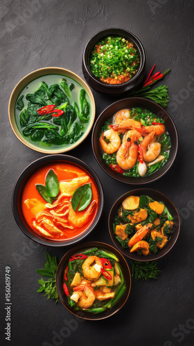 An artful arrangement of vibrant Thai soups and dishes featu shrimp and greens is presented on a dark surface evoking culinary delight and rich flavors.
