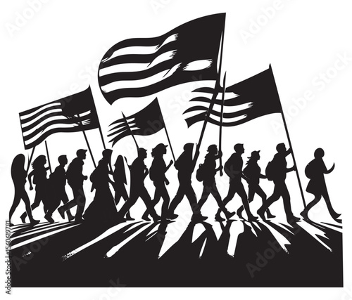 People marching with flags protest demonstration