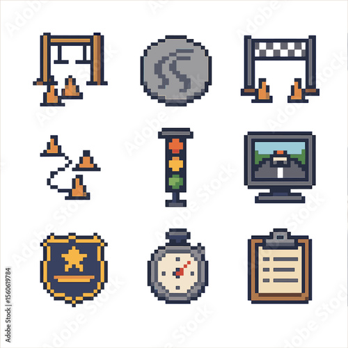 Pursuit Training Icons. Pixel art icon set of pursuit training drills: obstacle course, skid pad, sprint start line, cone slalom,
