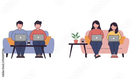 A group of diverse business people is working and meeting together in an office, some sitting at desks with computers and laptops