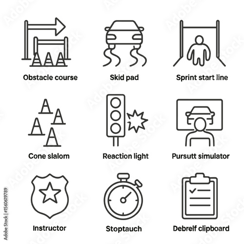 Pursuit Training Icons. Outline icon set of pursuit training drills: obstacle course, skid pad, sprint start line, cone slalom,