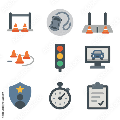 Pursuit Training Icons. Flat icon set of pursuit training drills: obstacle course, skid pad, sprint start line, cone slalom,