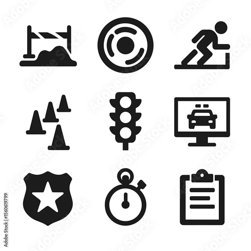Pursuit Training Icons. Solid, Filled icon set of pursuit training drills: obstacle course, skid pad, sprint start line, cone