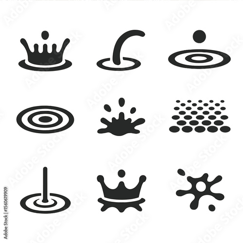 Rain Splash Icon Set. Flat icon set of rain splash patterns: droplet crown, splash arc, satellite droplet, concentric ring,
