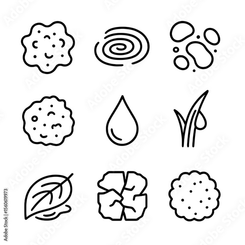 Rain-Soaked Earth Icons. Outline icon set of rain-soaked earth textures: mud patch, puddle ripple, wet pebble, soaked soil clod,