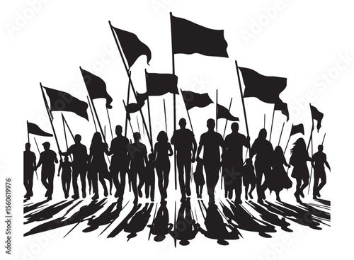 Silhouetted crowd marching with flags people protest