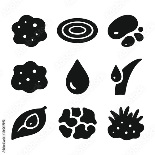 Rain-Soaked Textures Icons. Solid, Filled icon set of rain-soaked earth textures: mud patch, puddle ripple, wet pebble, soaked