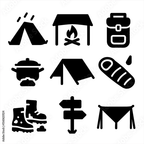 Rainy Camping Icons. Solid, filled icon set of rainy day camping: tent with rain, campfire under tarp, waterproof bag, covered