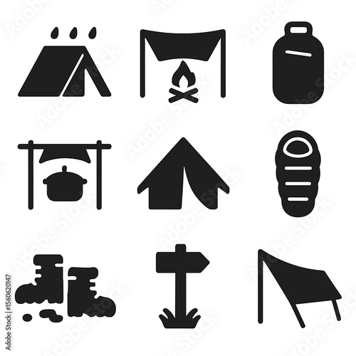 Rainy Camping Icons. Solid, filled icon set of rainy day camping: tent with rain, campfire under tarp, waterproof bag, covered