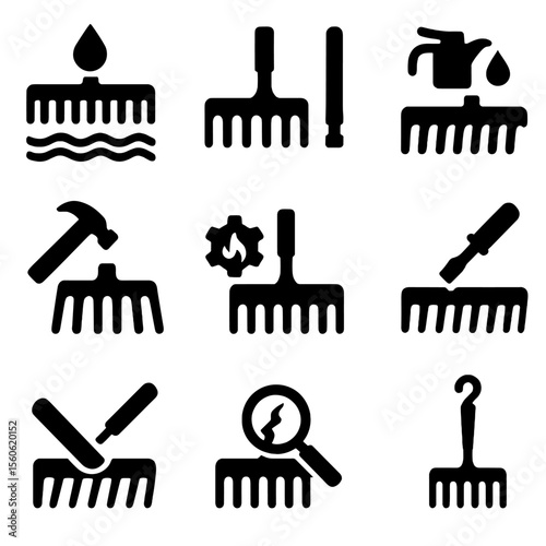 Rake Maintenance Icons. Solid, filled icon set of rake maintenance tasks: cleaning tines, replacing handle, oiling joints,